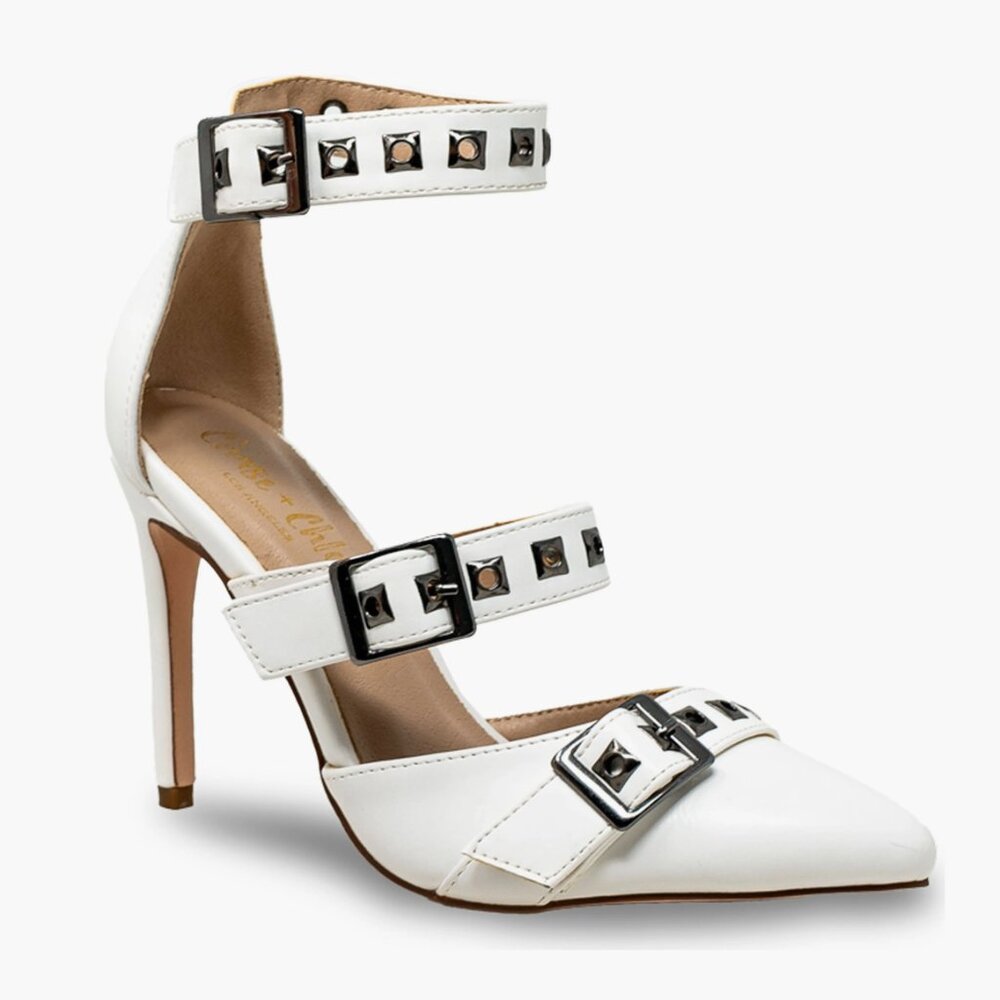 Chase & Chloe White Grommet Buckle Stiletto Pumps Heels Y2K Punk Rockabilly 8
